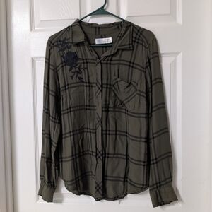 Olive Green Plaid Button-Up Shirt
